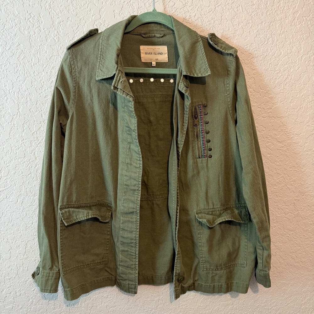 River Island Embroidered Utility Jacket 12 Boho Festival Military Green Studded